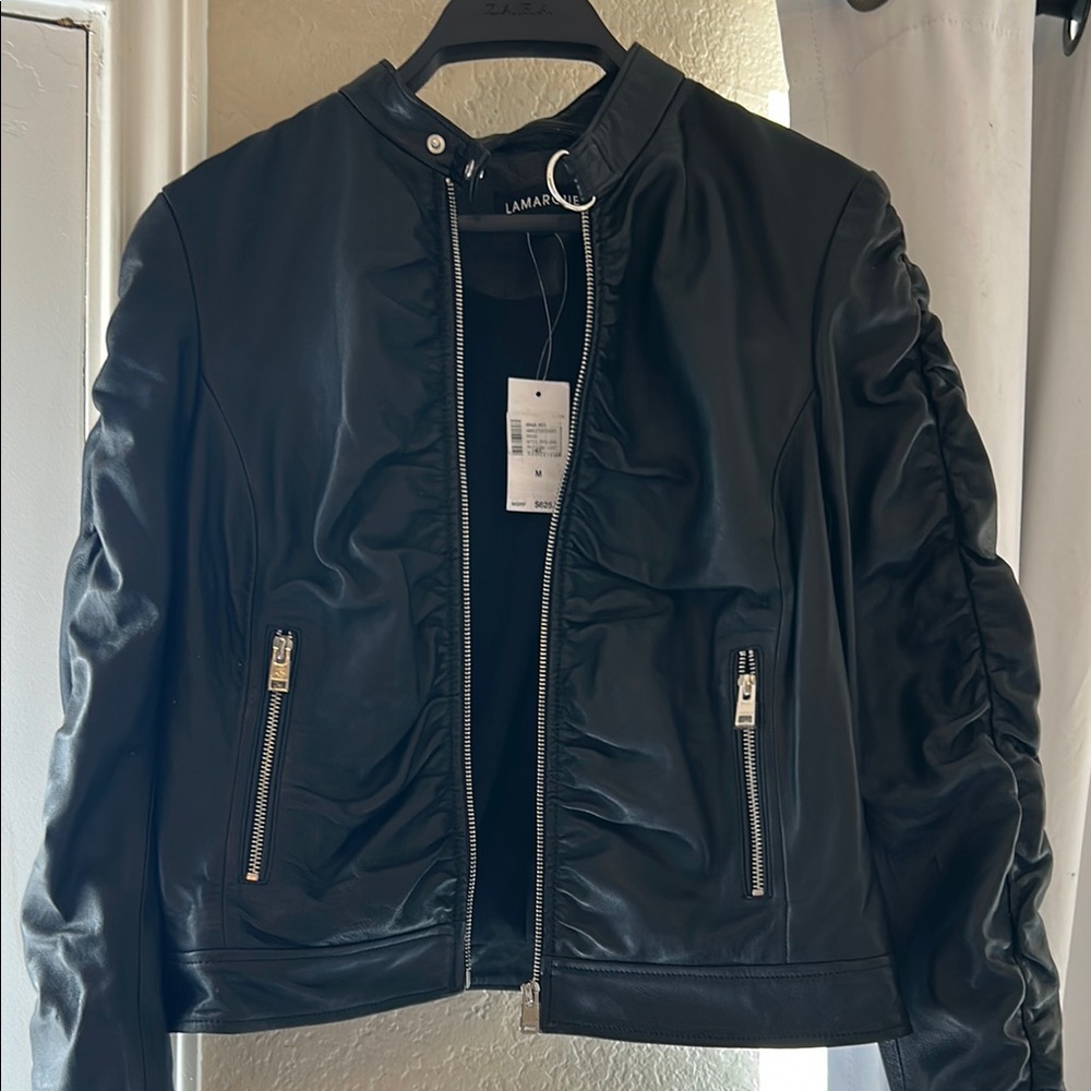 Lamarque Black Leather Bomber Jacket with Ruched Sleeves